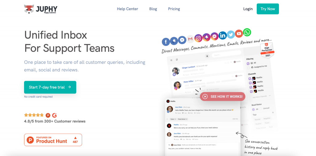 Juphy is a collaborative unified inbox that enables businesses to manage and respond to all their user engagements from email, social media, chat, and third-party review sites in a single dashboard.