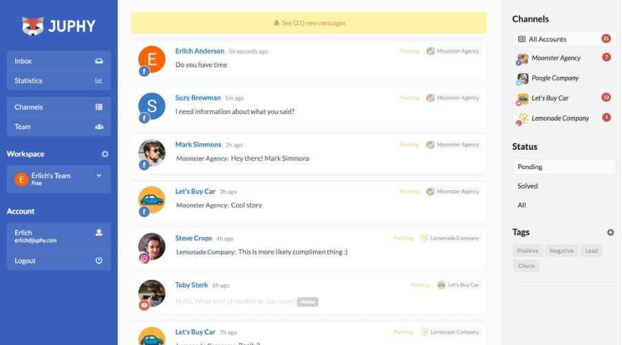 Juphy enables businesses to manage all social media engagement on a single dashboard