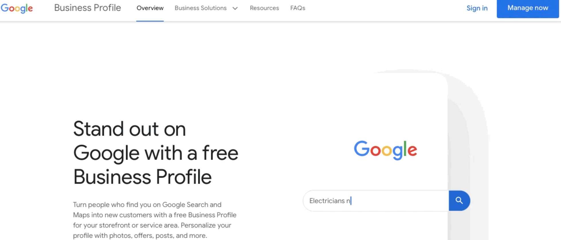 Google My Business website homepage