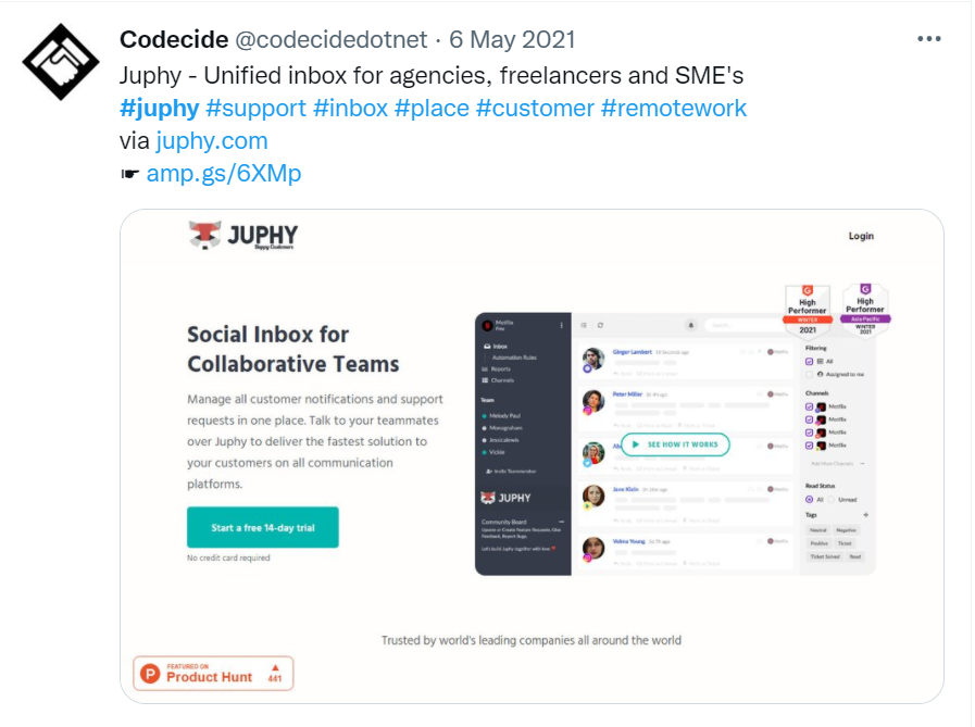 An example for social media monitoring for Juphy: Codecide's Tweet about Juphy