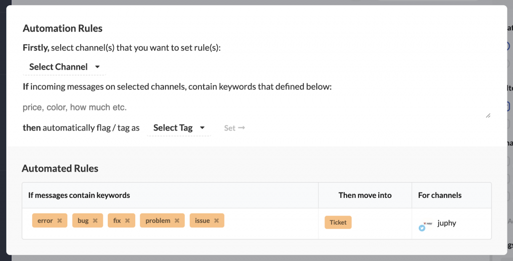 Automation rules for Twitter in Juphy