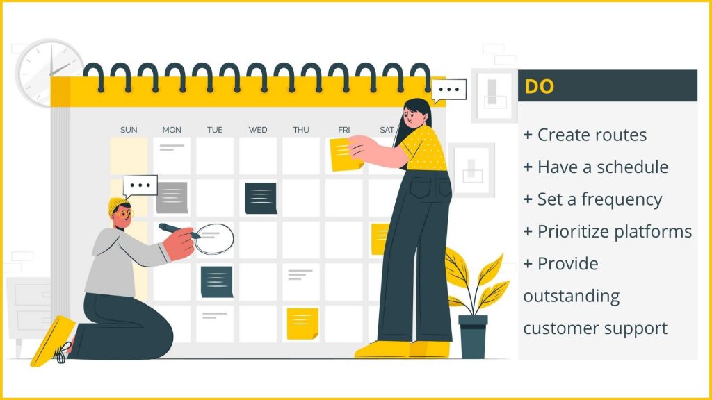 Illustration of two people writing notes and placing post-its on a giant monthly planner.