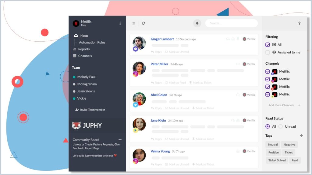 Screenshot of Juphy, all-in-one customer support and team management tool