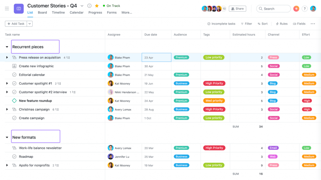 A screenshot of Asana's user interface