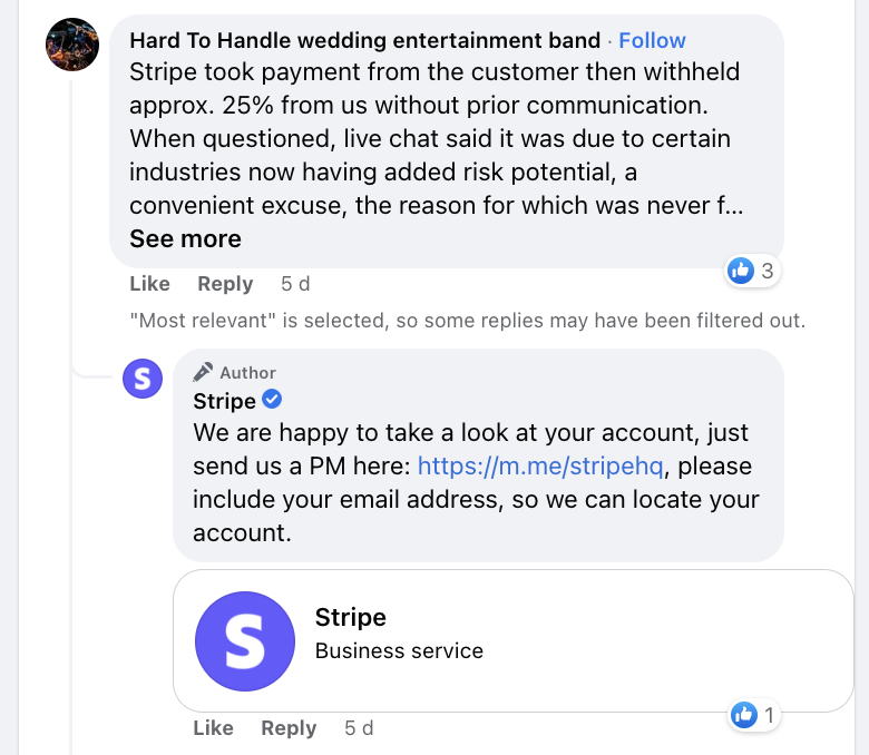 Stripe provides quick help with Facebook comments