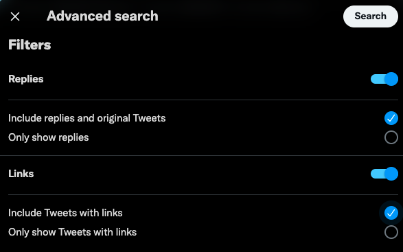Filters for Twitters advanced search feature