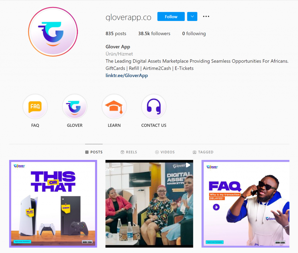 Gloverapp's Instagram page