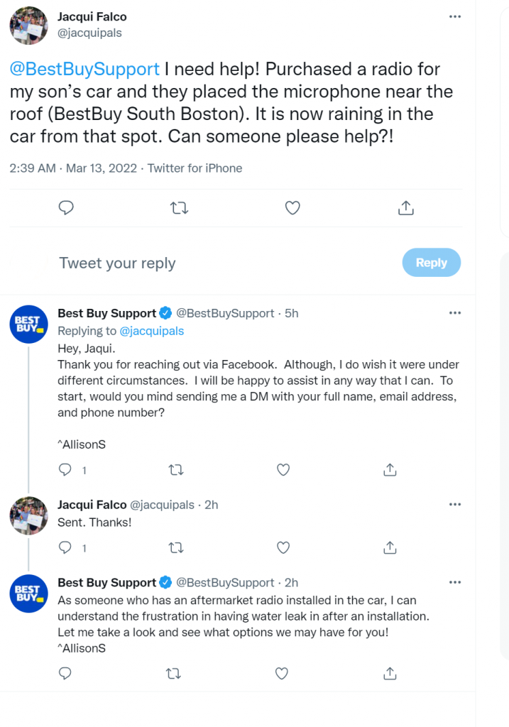 A prompt social media customer service example from BestBuy