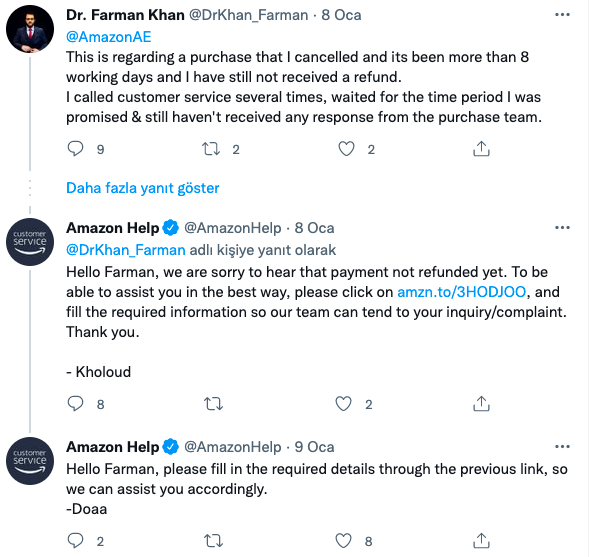 Social media customer service example Amazon