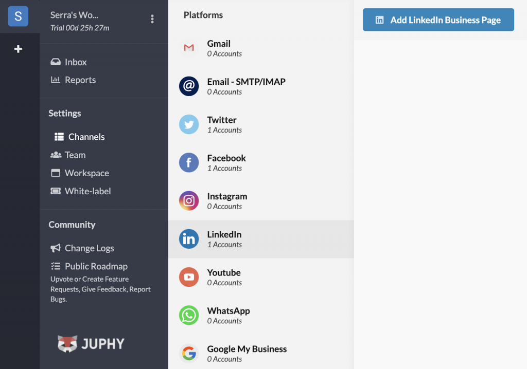 Juphy dashboard shows adding LinkedIn Business Page