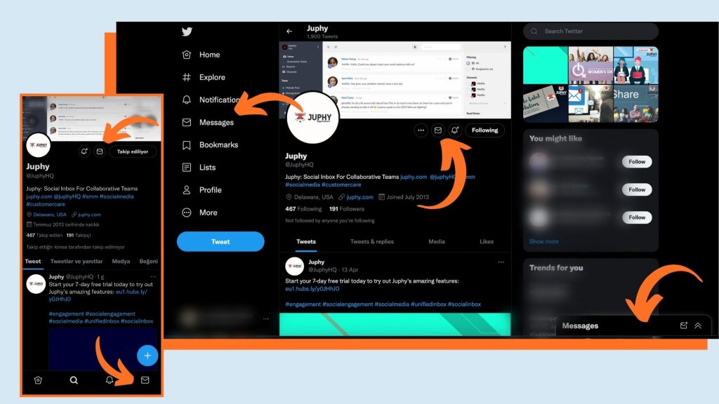 Screenshots of Twitter dashboards on mobile and desktop, showing the locations of Twitter DMs.