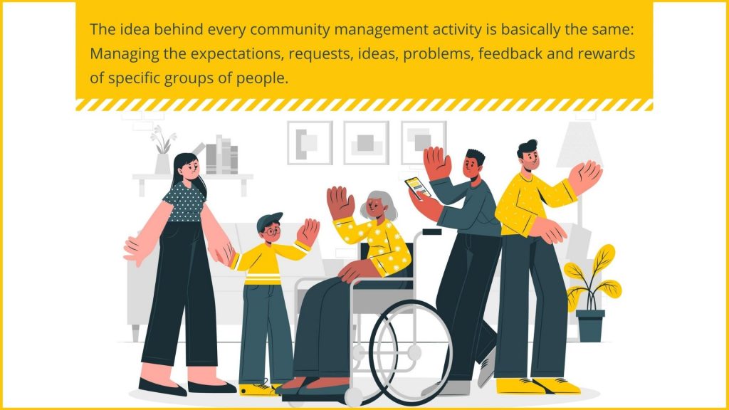 Illustration of a group that includes a young woman holding a child’s hand, an older woman in a wheelchair, and two men, representing a community with different needs and expectations.