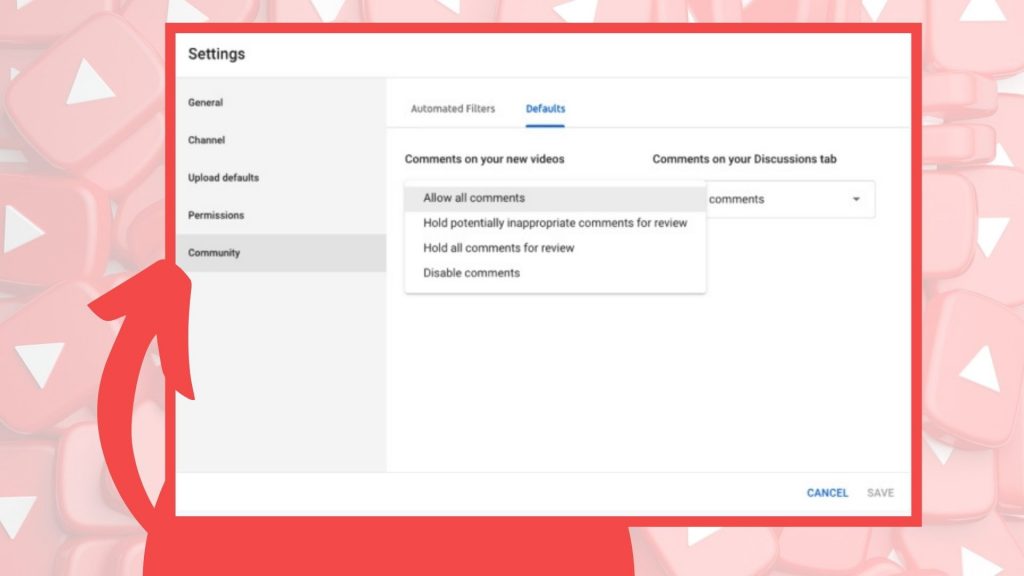 Screenshot of the community settings of YouTube Studio for comment moderation.