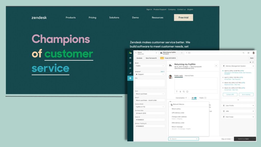 Screenshot of Zendesk's landing page and dashboard.