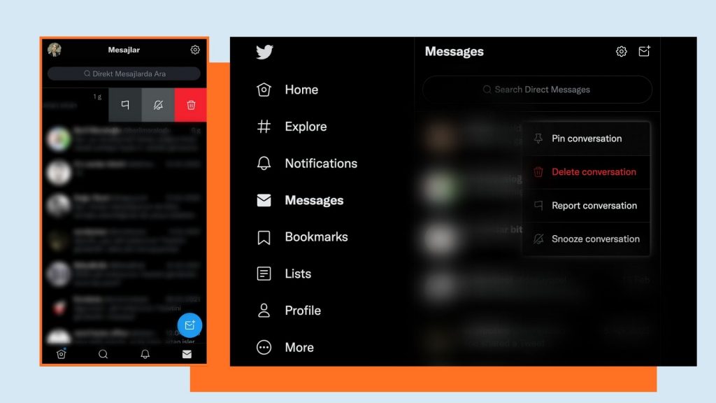 Screenshots of Twitter dashboards on mobile and desktop, showing the actions on specific messages.