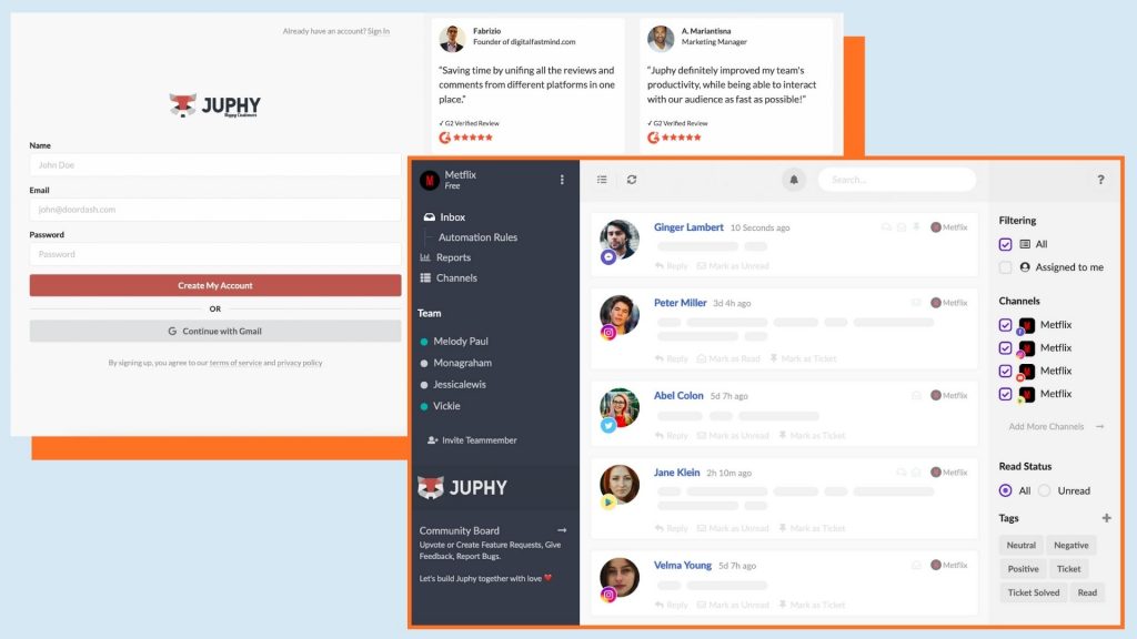 Screenshots of Juphy dashboard and Juphy's sign-up panel on the website.