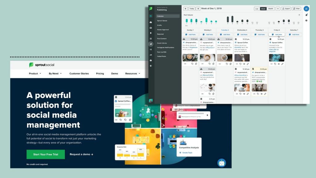 Screenshot of Sprout Social's landing page and dashboard.