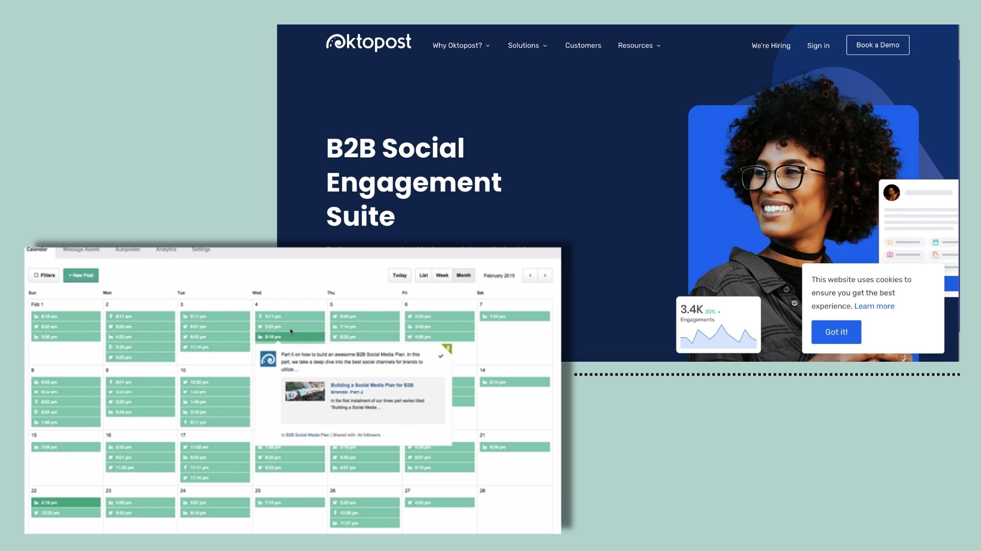 Screenshot of Oktopost's landing page and dashboard.