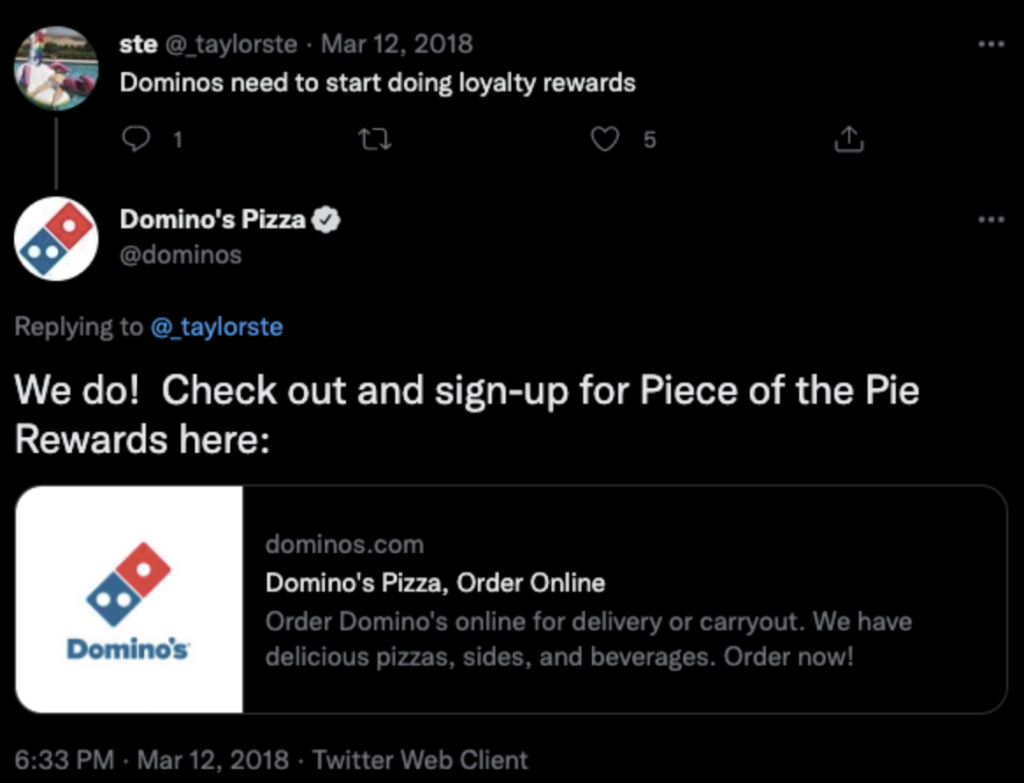 Dominos social media engagement via mentions and hashtags.