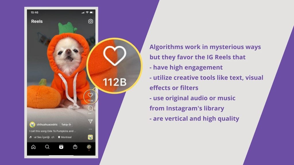 Screenshot of an Instagram Reel that received 112B likes with the caption “Algorithms work in mysterious ways but they favor the IG Reels that have high engagement, utilize creative tools like text, visual effects or filters, use original audio or music from Instagram's library, are vertical and high quality.