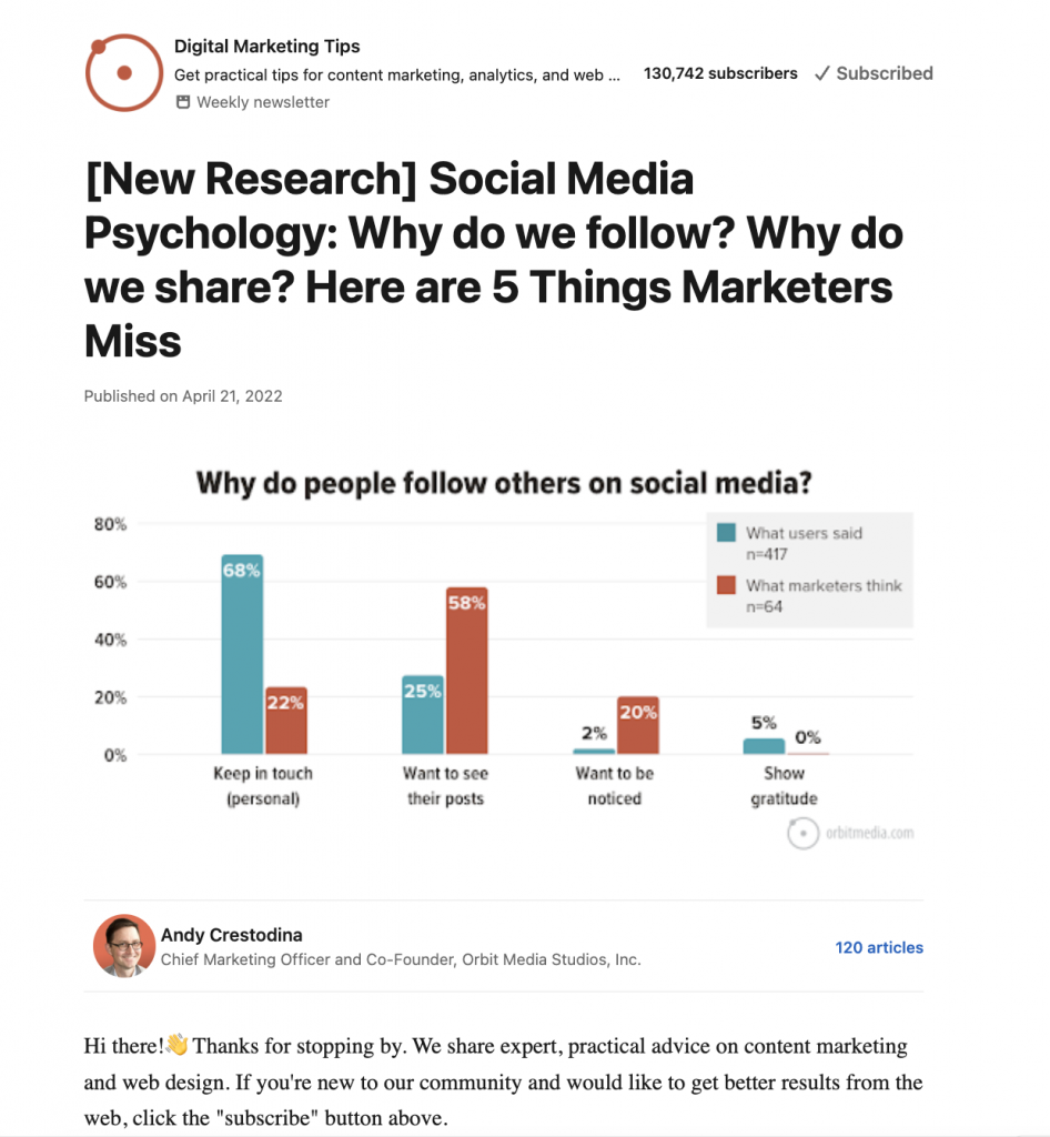 Andy Crestodina shares articles about different topics regularly on LinkedIn, giving some tips to increase awareness of specific concepts. 