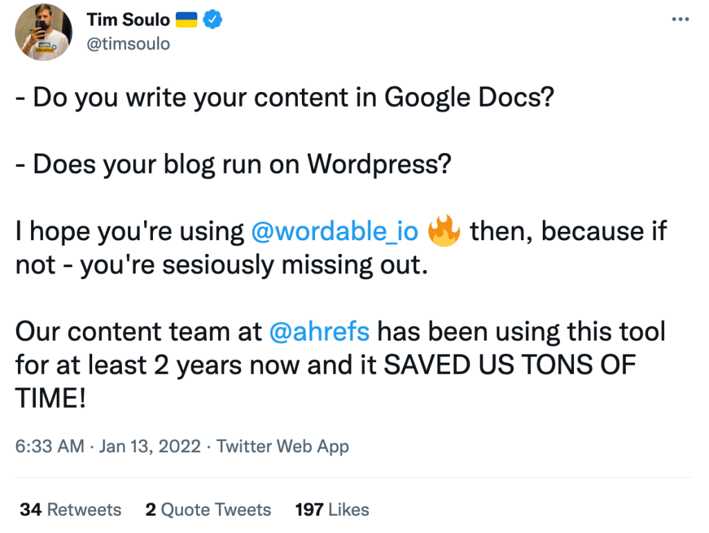 Ahrefs promotes wordable on Twitter.