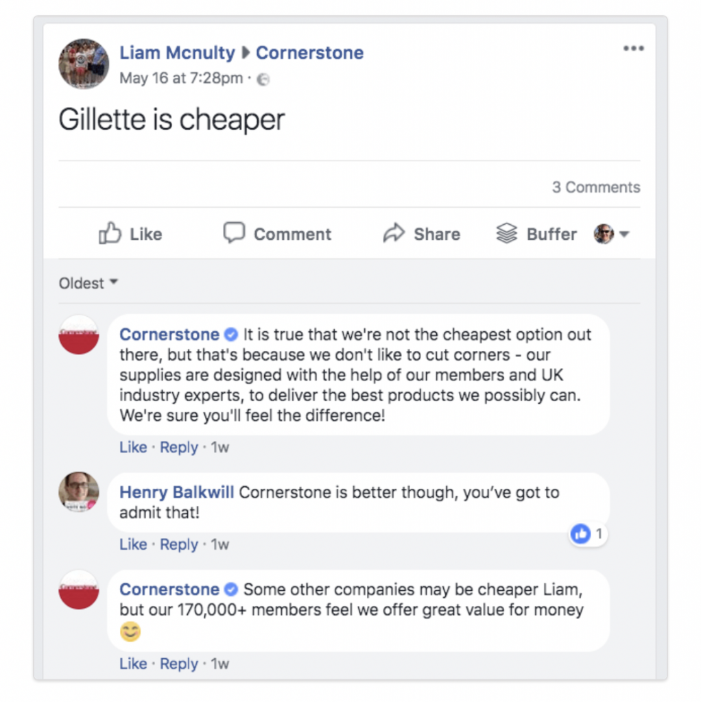 An example of a response to a complaint via social media.