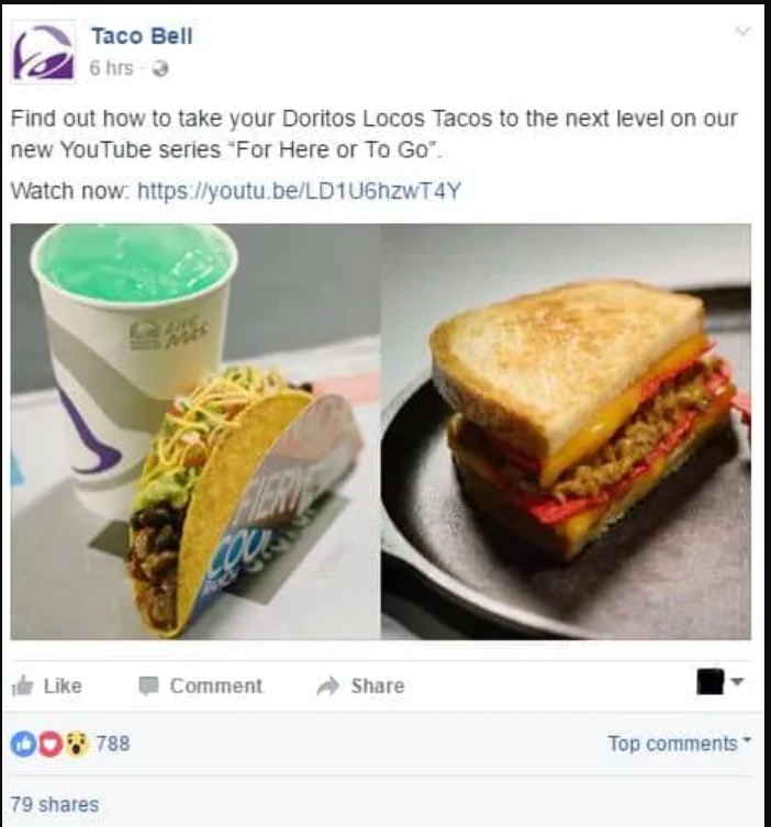 For instance, Taco Bell promotes its YouTube videos through Facebook with relevant photos to engage its audience.
