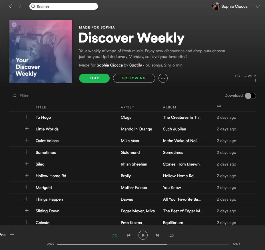 Spotify’s recommended songs are created according to personalized listening insights.