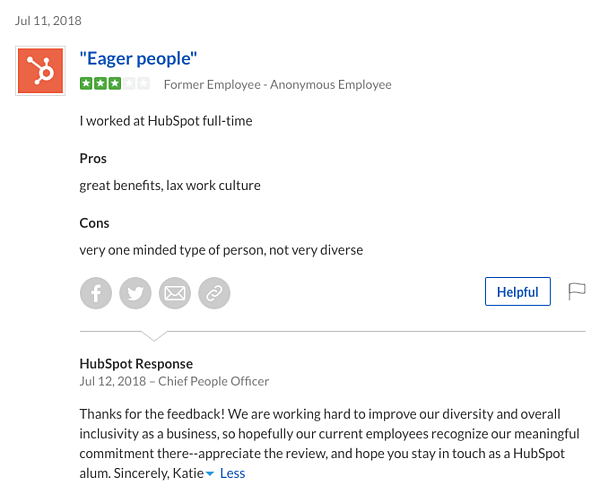Example of how HubSpot replied to a negative employee review on the Glassdoor page. 