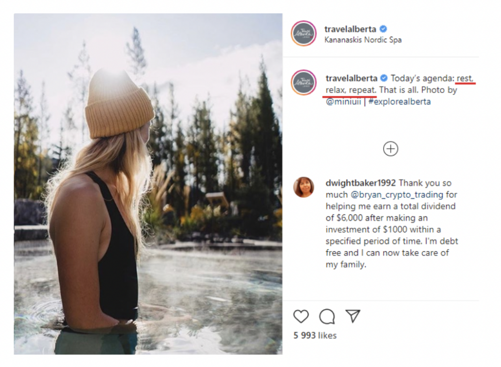 Instagram image of a girl with a hat on in water with text promoting calm.