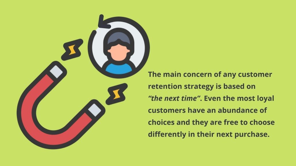 The main concern of any customer retention strategy is based on “the next time”. Even the most loyal customers have an abundance of choices, and they are free to choose differently in their next purchase.