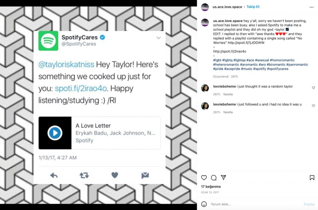A user on Instagram shares the screenshot of the reply she received on Twitter from SpotifyCares. She requested a school playlist and Spotify responded with “A Love Letter”.