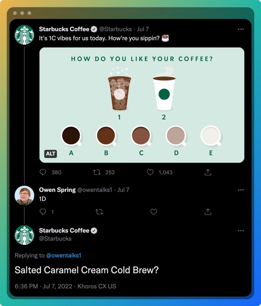 Starbucks creates engaging content on social media.