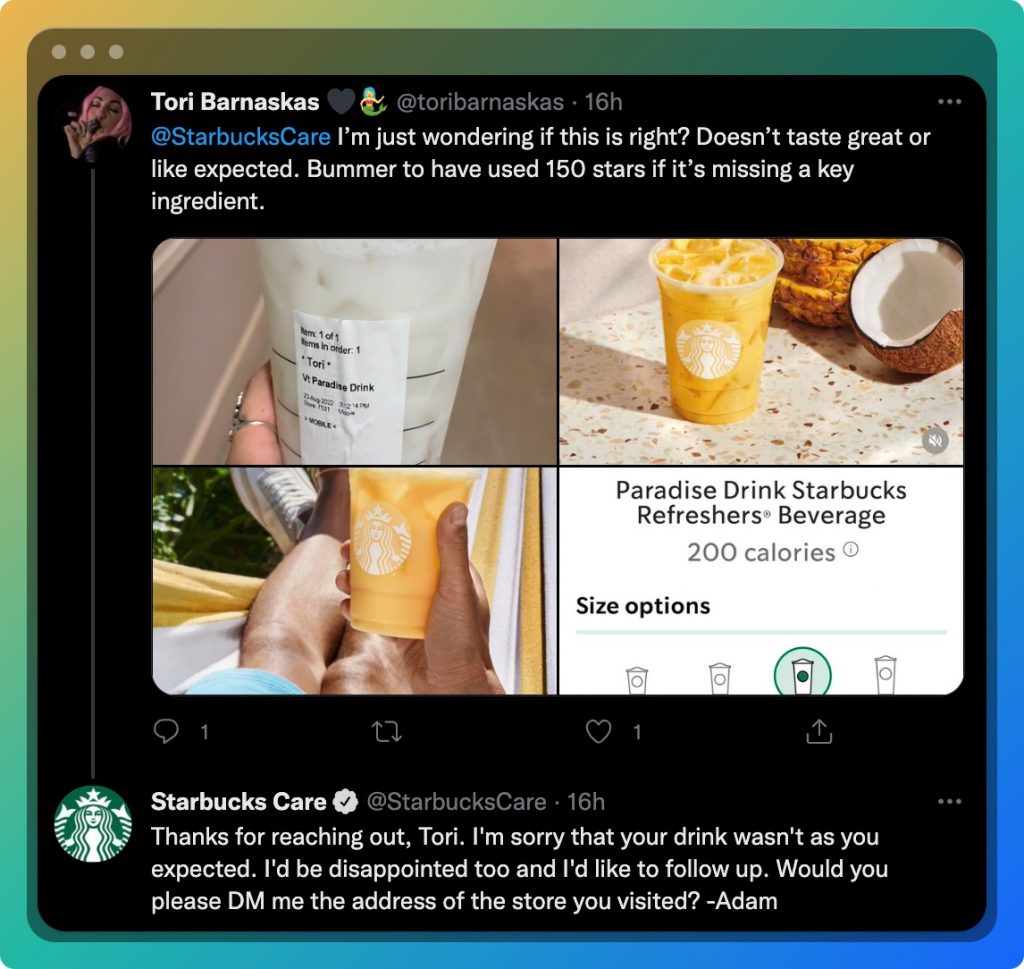 Starbucks customer service team on Twitter creates personalized engagements