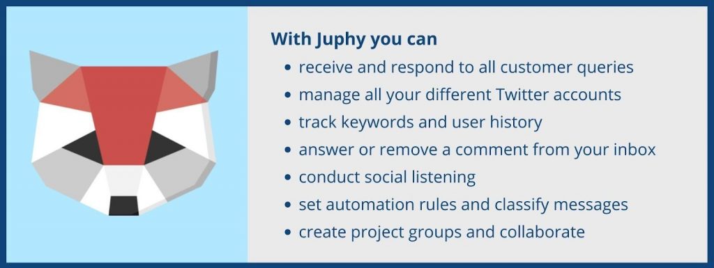 Easy to integrate, easy to use. Juphy will change how you manage your Twitter accounts highly conveniently.