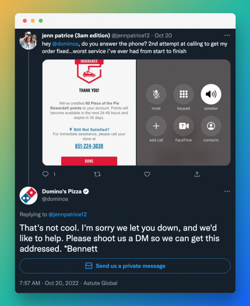 Domino’s using canned responses on Twitter for faster social media customer service.