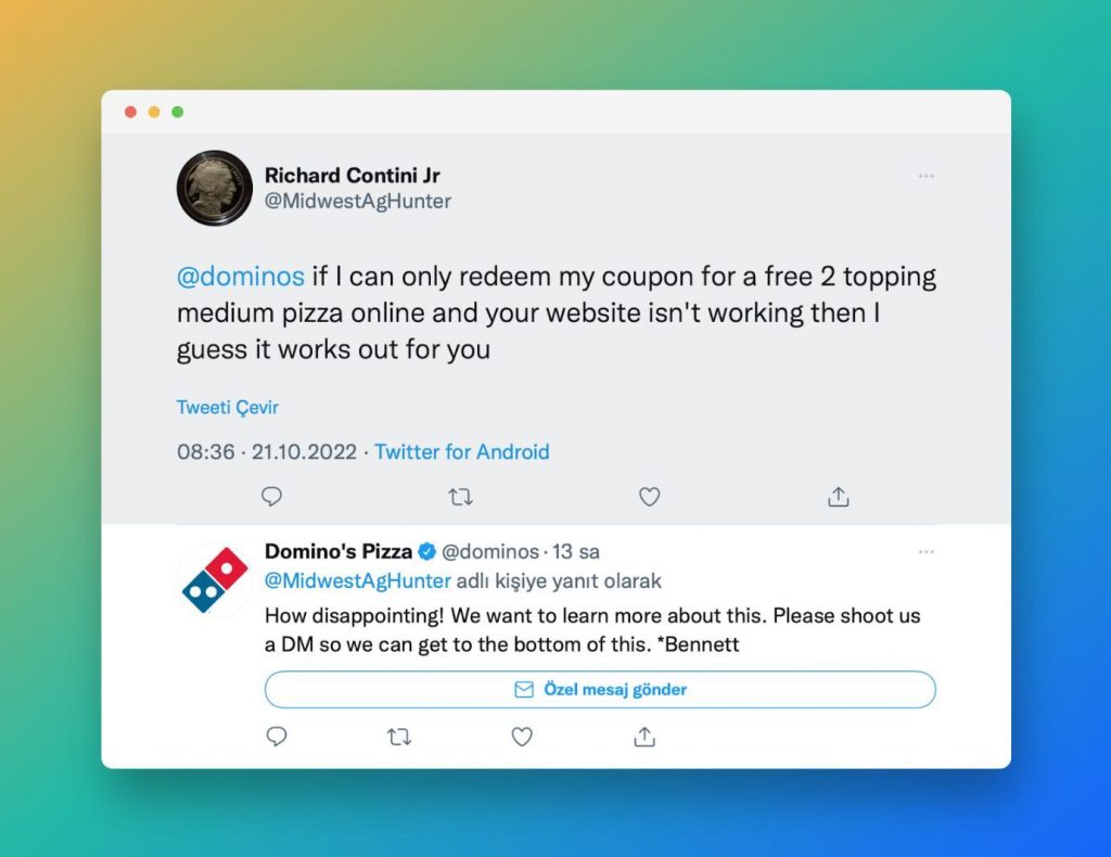 Domino’s response time while providing social media customer service.