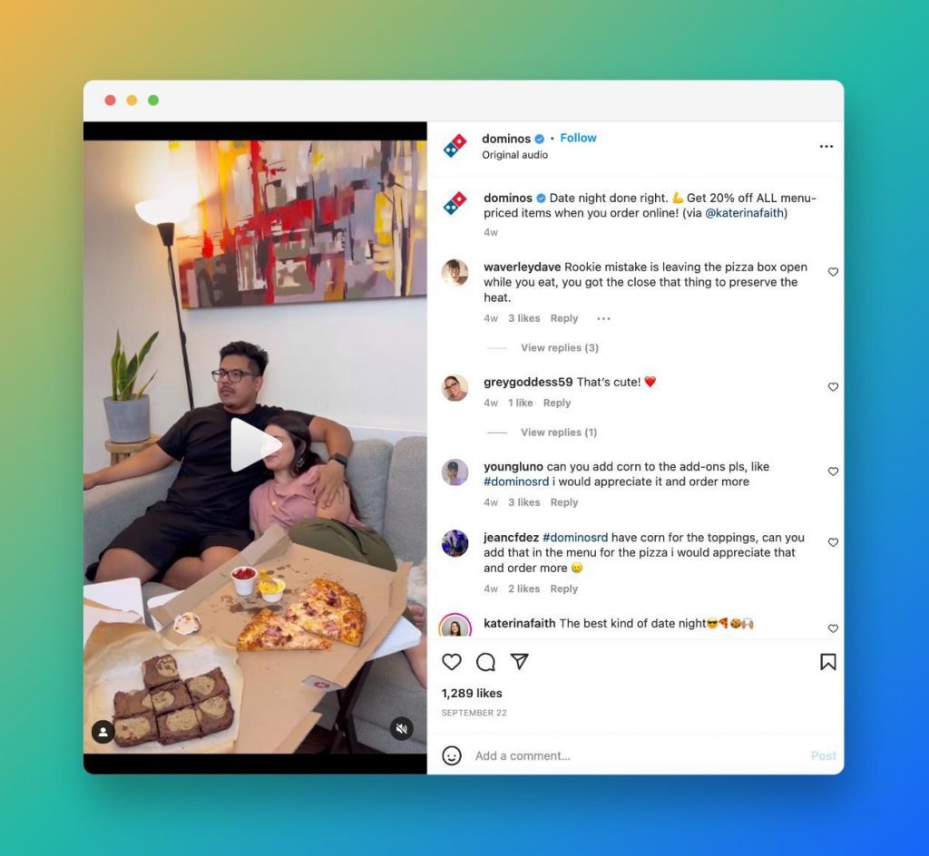 Example of Domino’s using influencers for their content on Instagram.