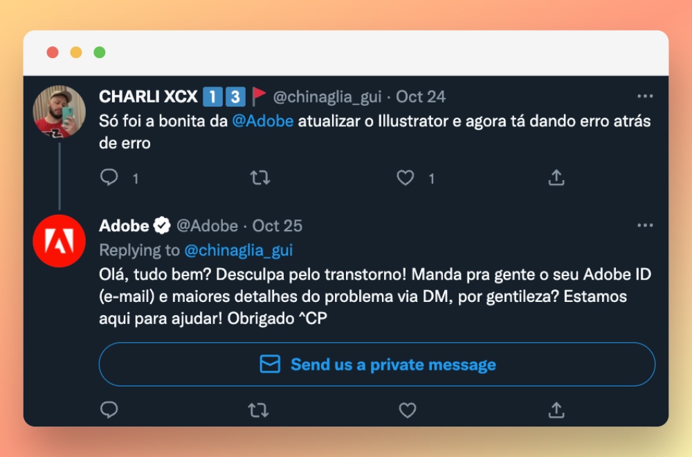 Adobe’s social media customer service on Twitter