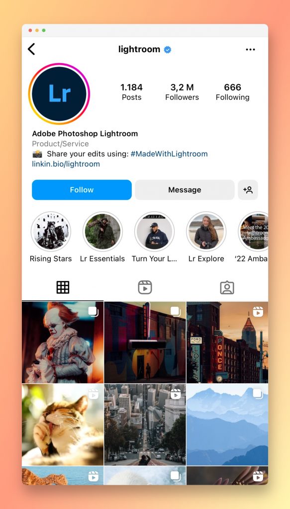 Adobe's Instagram account for Lightroom