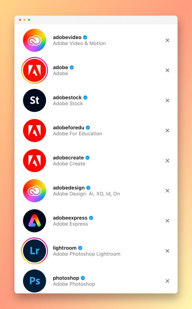 Some of Adobe's Instagram accounts for its apps.