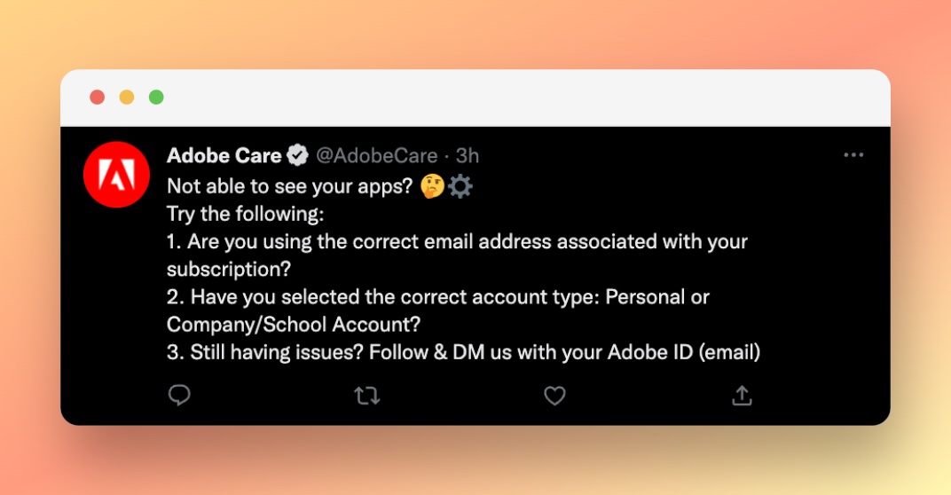 Adobe’s tweets about common problems