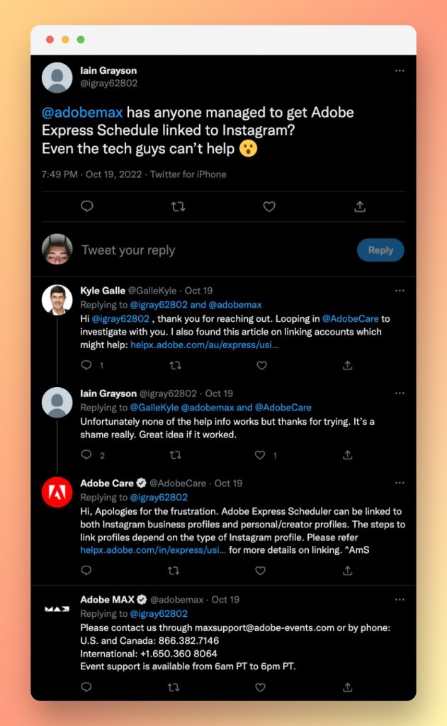 Example of Adobe replying to a customer on Twitter from multiple different accounts.