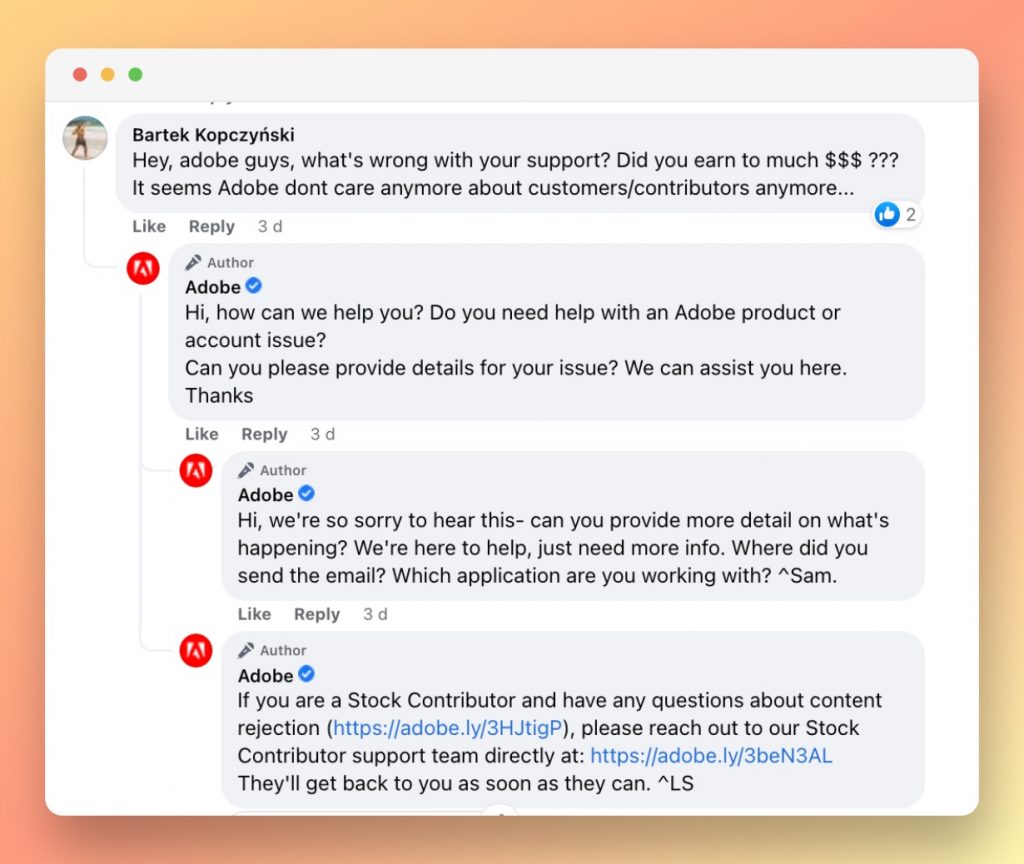 Adobe’s customer care on Facebook