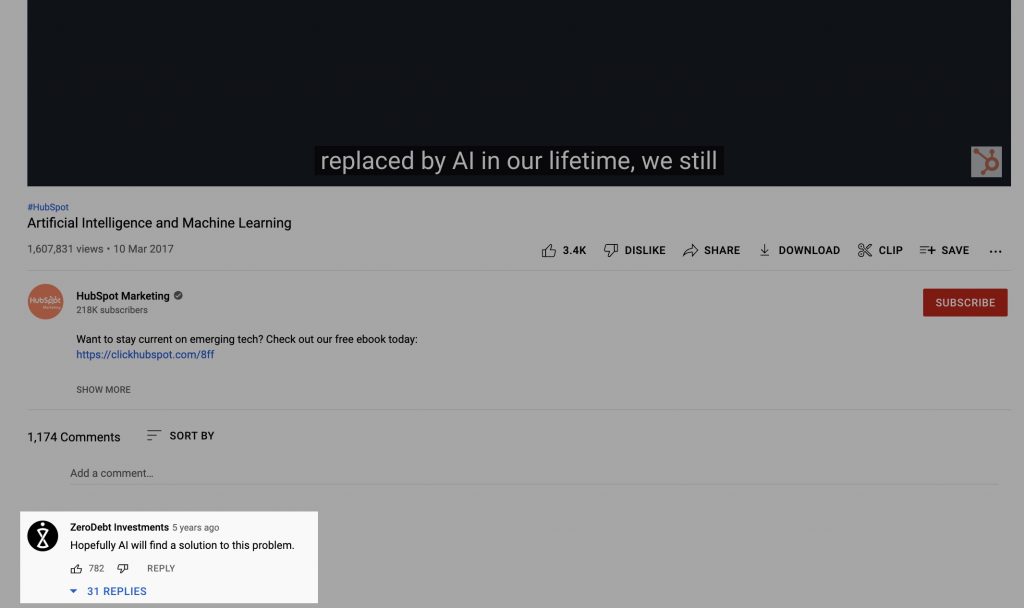 This comment got 782 likes and 31 replies from people who agree that AI is shown as a problem and a solution at the same time. 