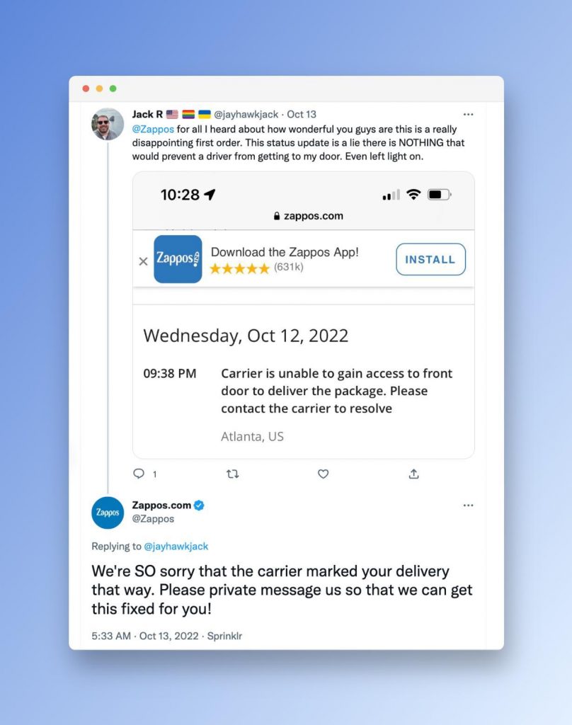 Zappos’ response time on Twitter.