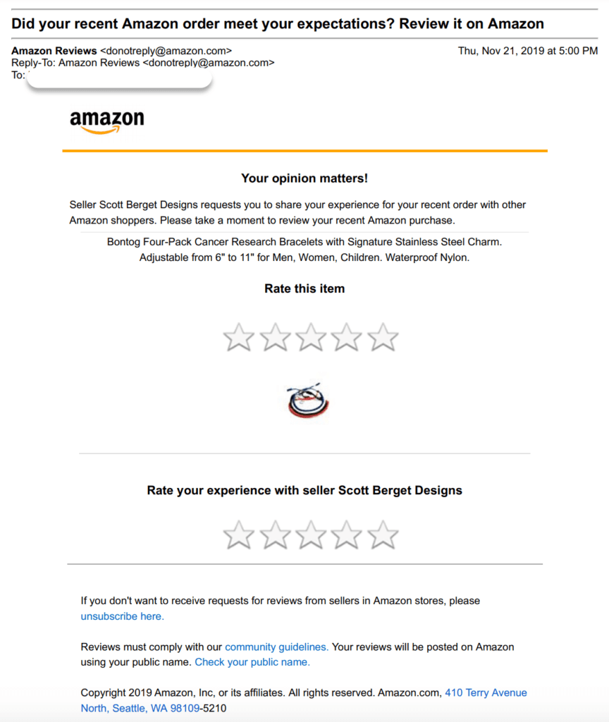 Amazon Review Email example for a customer acquisition method.