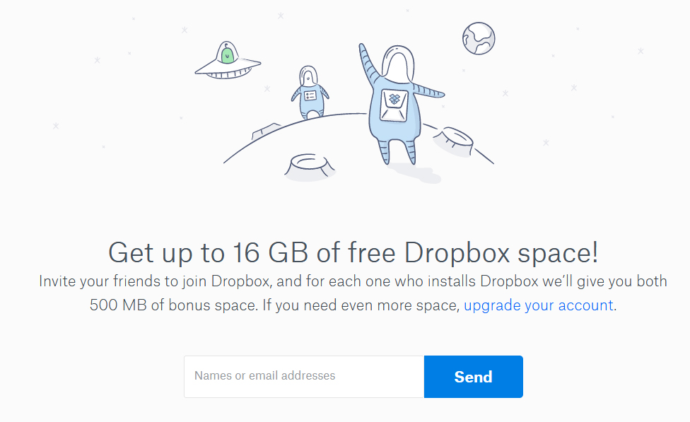 Dropbox referral offer example for a customer acquisition method.