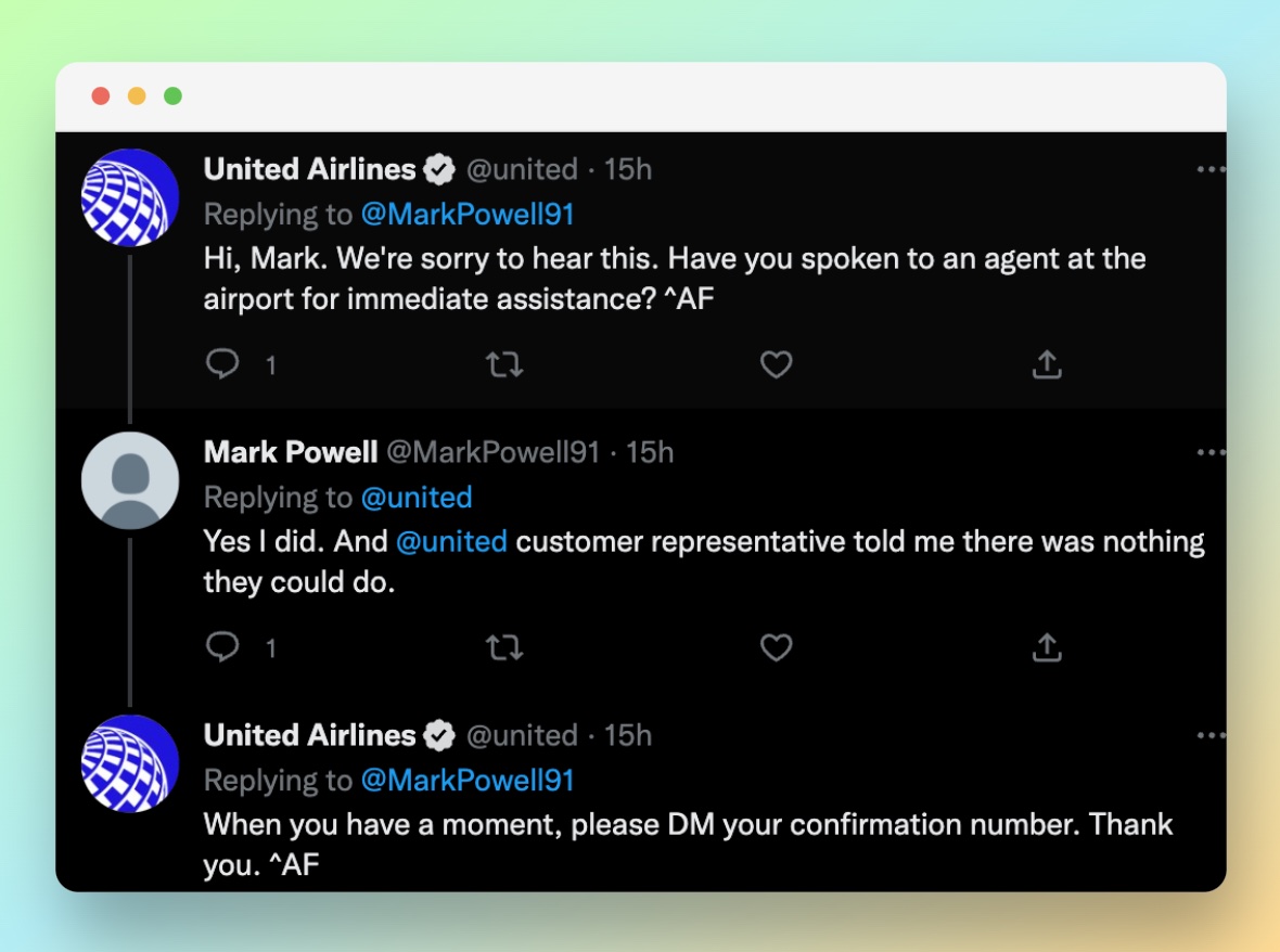 When we look at United Airlines' strategy, their response time is less than 24 hours most of the time. 